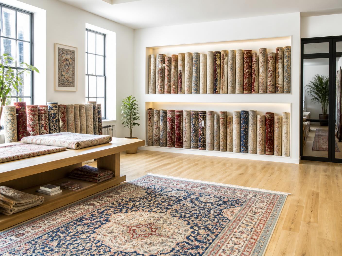 Bright modern rug workshop with fine oriental rugs rolled and stacked along a white wall