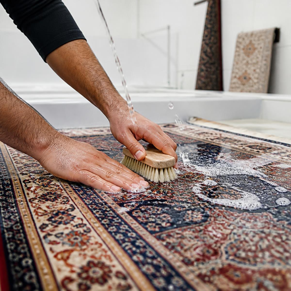 Specialist hand washing a fine Persian rug with a soft brush in a bright workshop